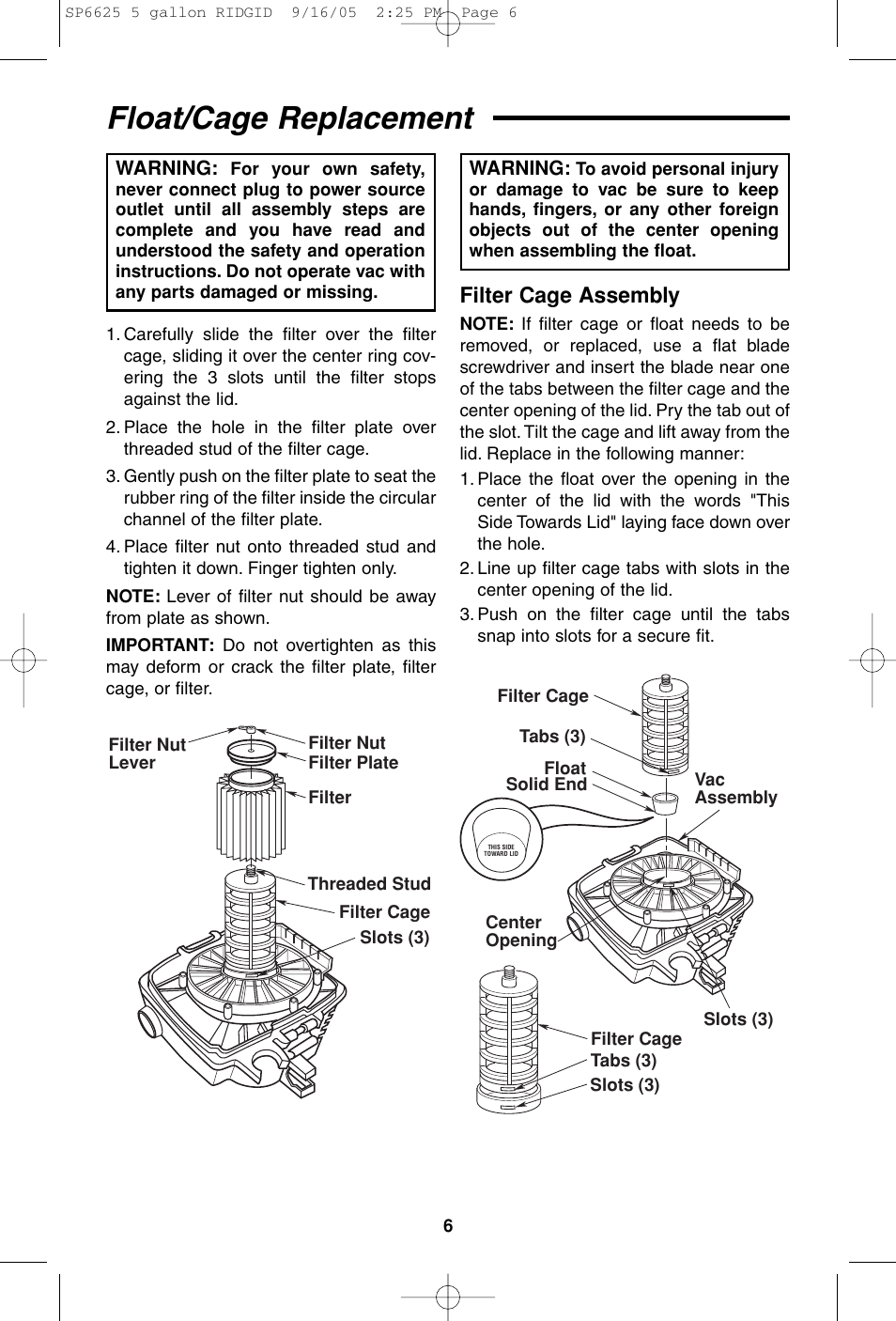 Float/cage replacement, Filter cage assembly | RIDGID WD55000 User Manual | Page 6 / 40