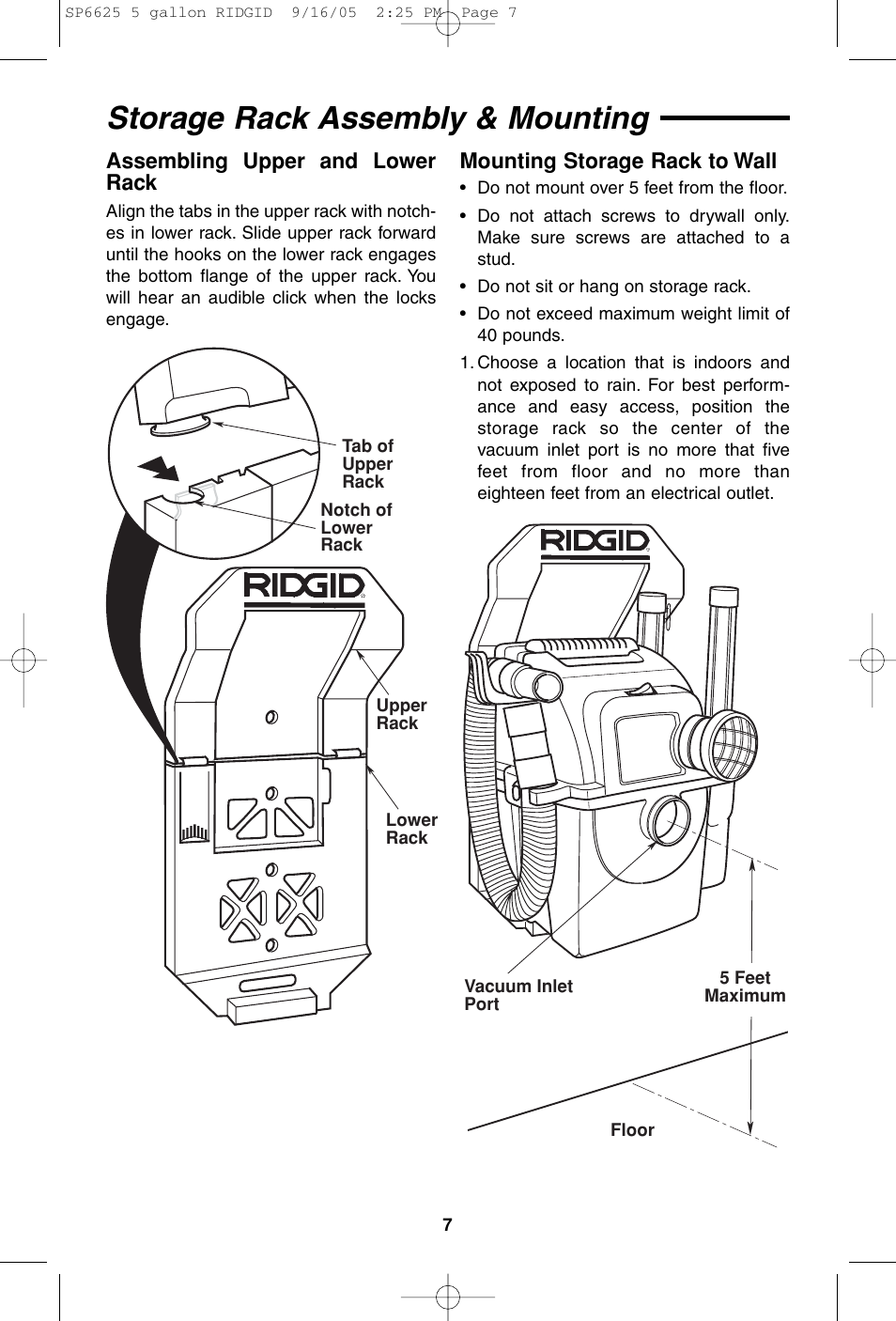 Storage rack assembly & mounting, Assembling upper and lower rack, Mounting storage rack to wall | RIDGID WD55000 User Manual | Page 7 / 40