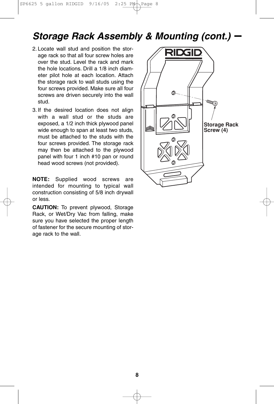 Storage rack assembly & mounting (cont.) | RIDGID WD55000 User Manual | Page 8 / 40