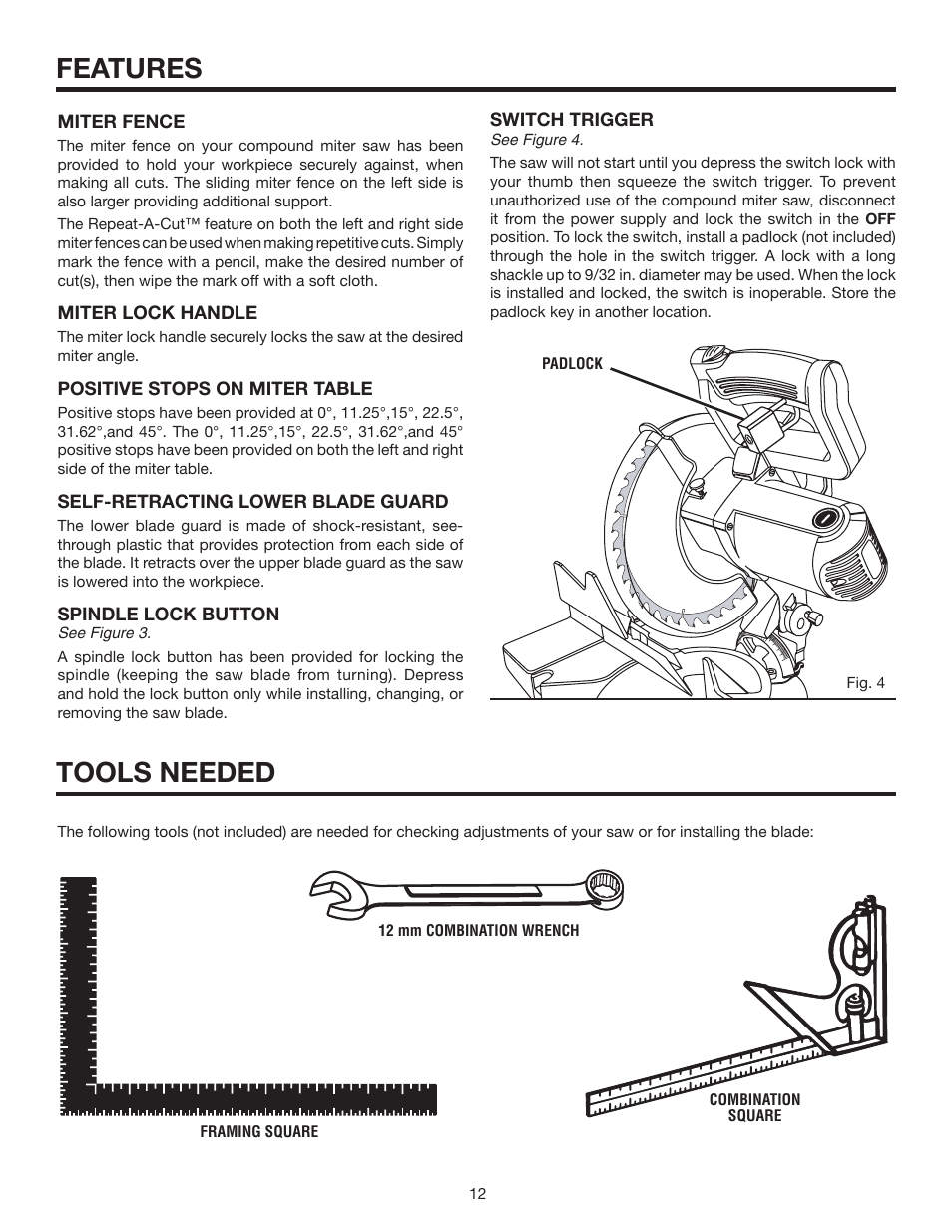 Features, Tools needed | RIDGID MS1065LZA User Manual | Page 12 / 32