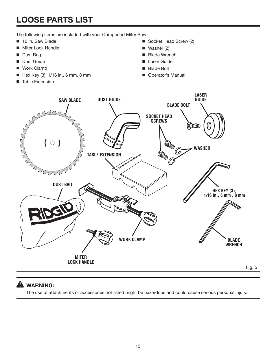 Loose parts list | RIDGID MS1065LZA User Manual | Page 13 / 32