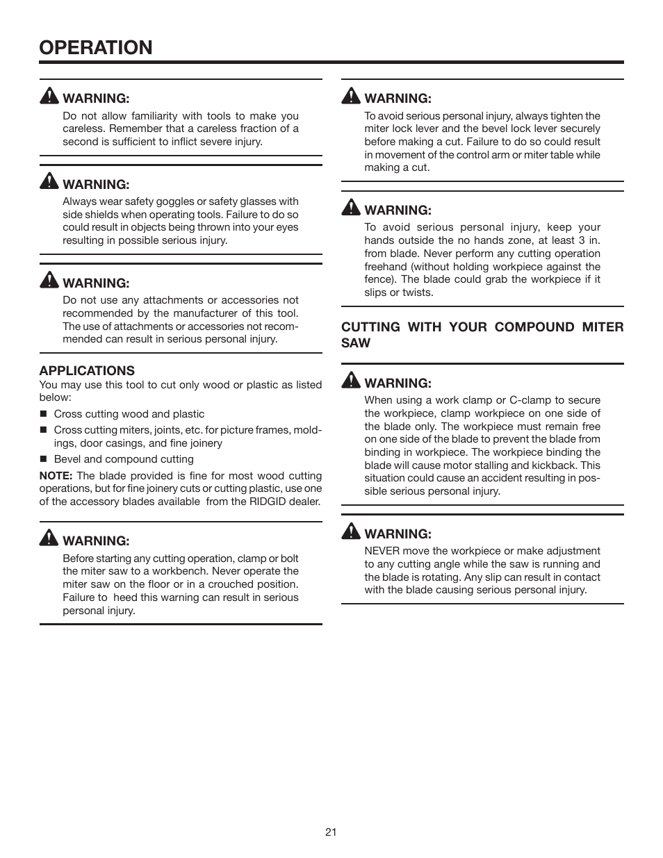 Operation | RIDGID MS1065LZA User Manual | Page 21 / 32