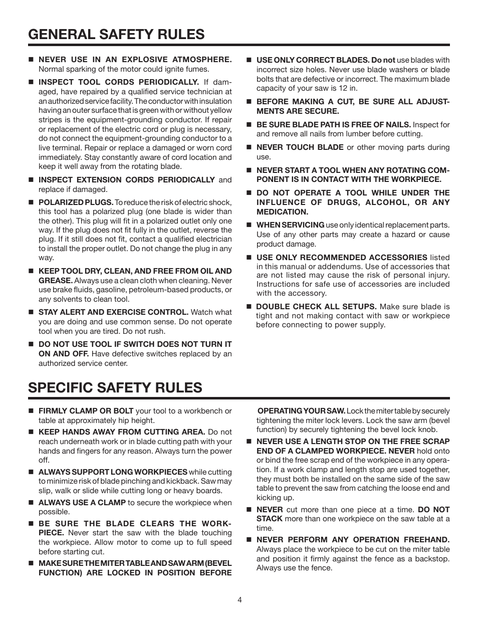 General safety rules, Specific safety rules | RIDGID MS1065LZA User Manual | Page 4 / 32