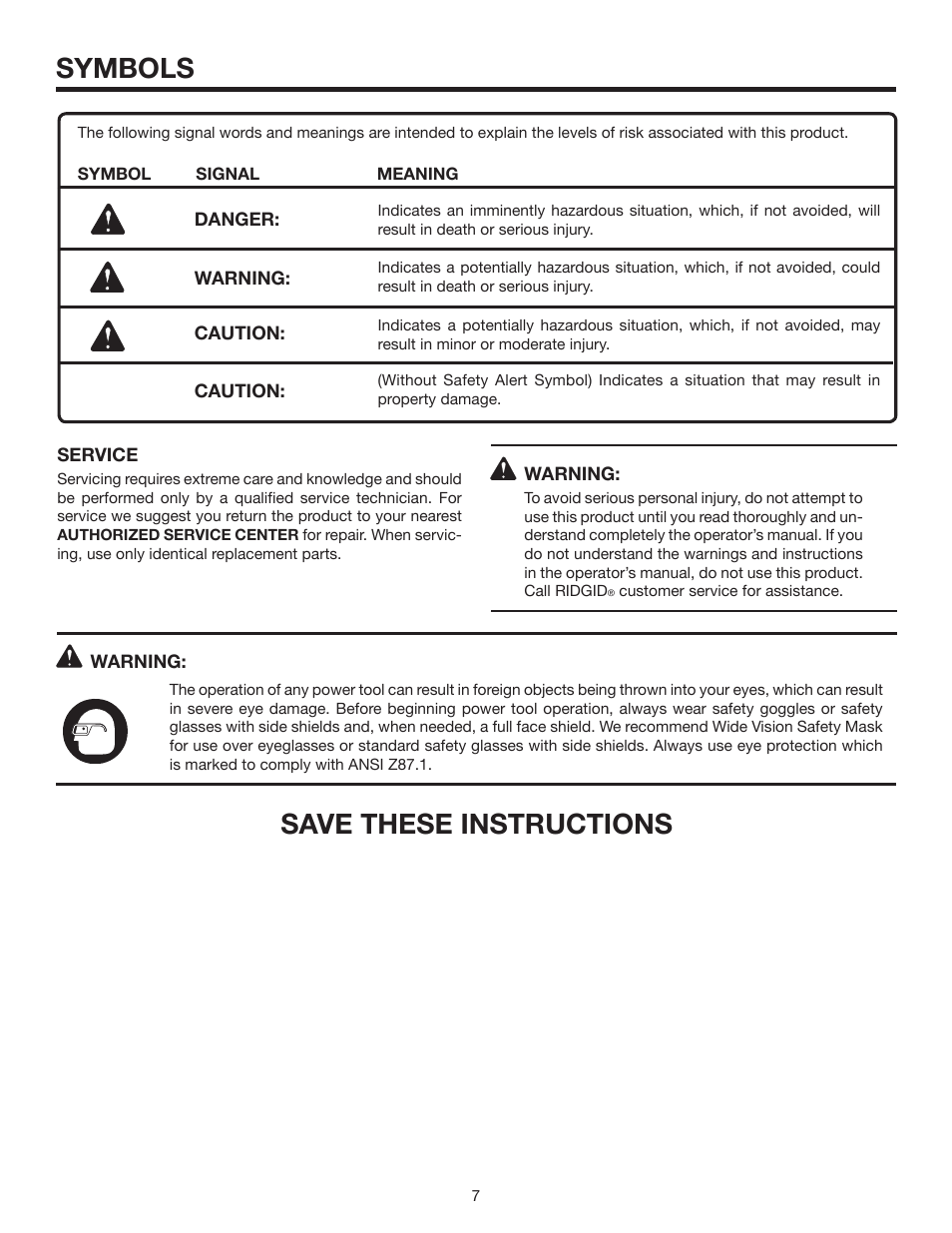 Save these instructions, Symbols | RIDGID MS1065LZA User Manual | Page 7 / 32