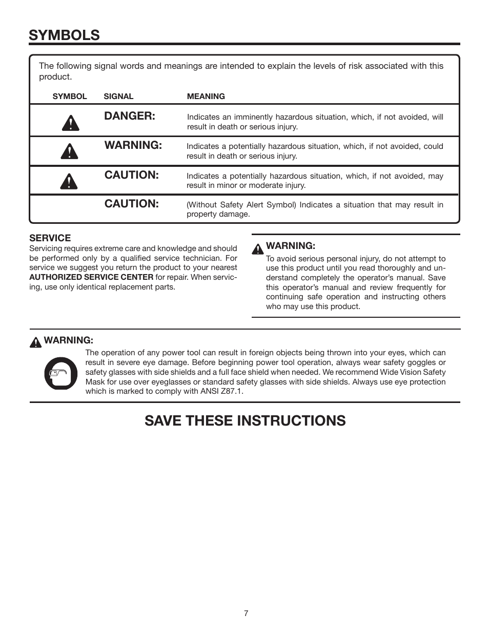 Save these instructions, Symbols, Danger | Warning, Caution | RIDGID R3210 User Manual | Page 7 / 24