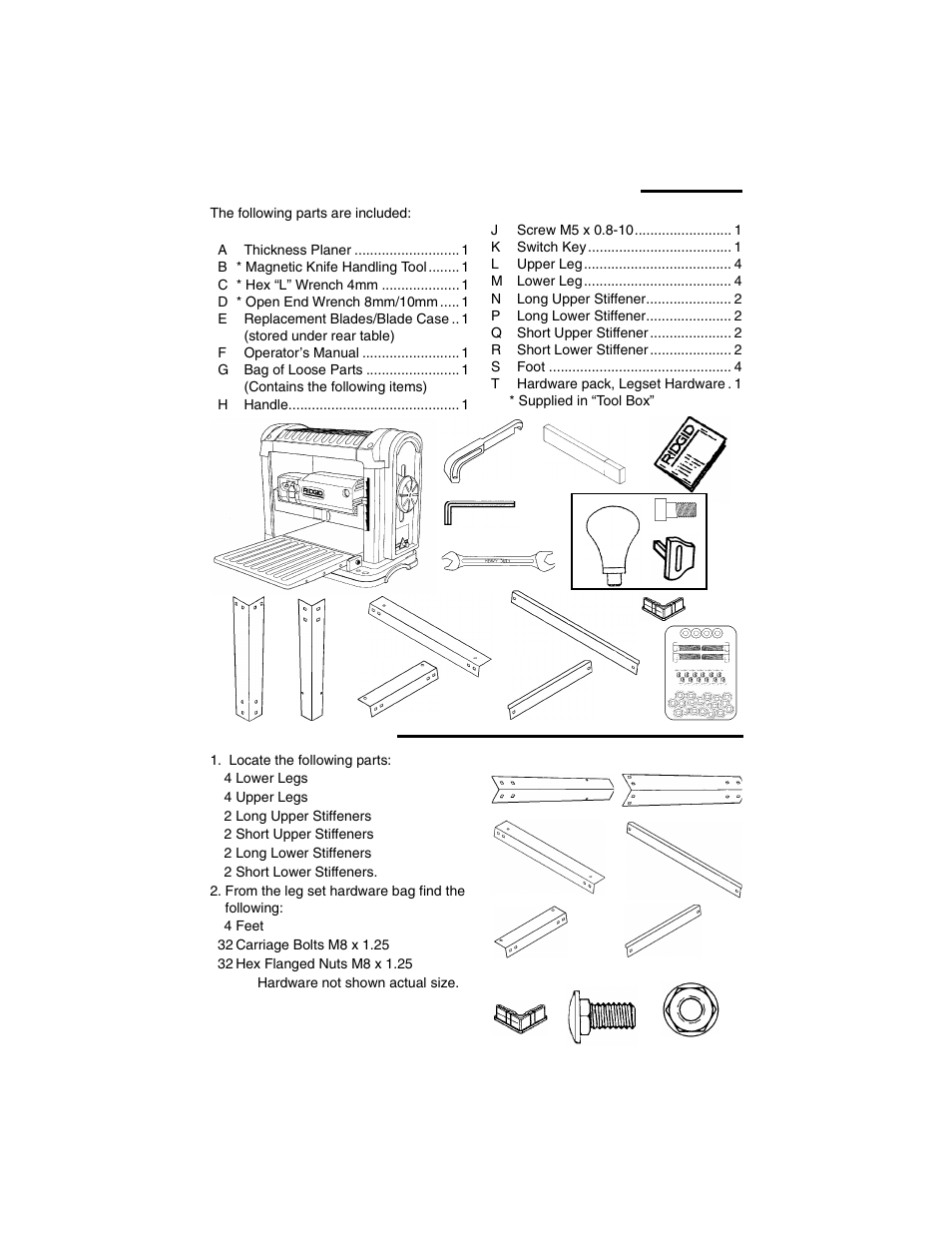 Unpacking and checking contents (continued), Assembling legset | RIDGID TP1300 User Manual | Page 12 / 36