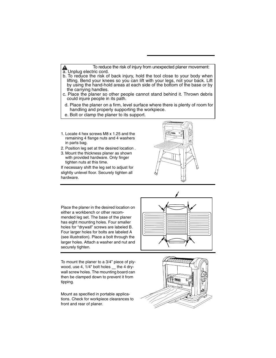 Mounting the thickness planer, Mounting on legset, Mounting thickness planer on supplied legset | Portable applications, Work bench applications | RIDGID TP1300 User Manual | Page 15 / 36