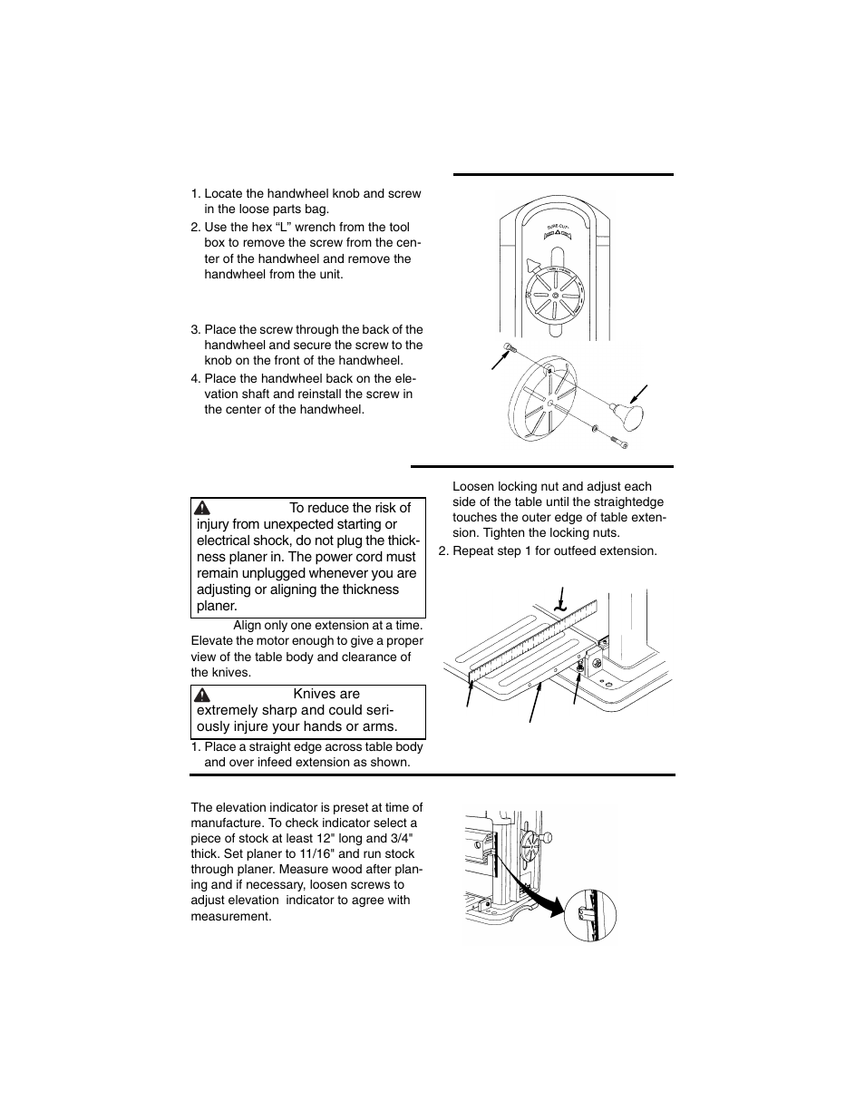 Installing the handwheel knob, Alignment (adjustments), Extension assembly alignment | Adjusting the thickness indicator | RIDGID TP1300 User Manual | Page 16 / 36