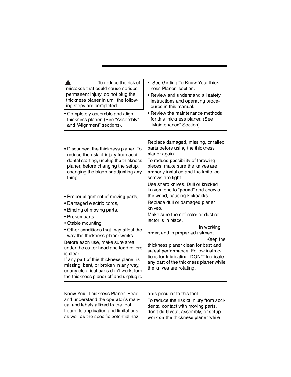 Before using the thickness planer, Before each use | RIDGID TP1300 User Manual | Page 18 / 36