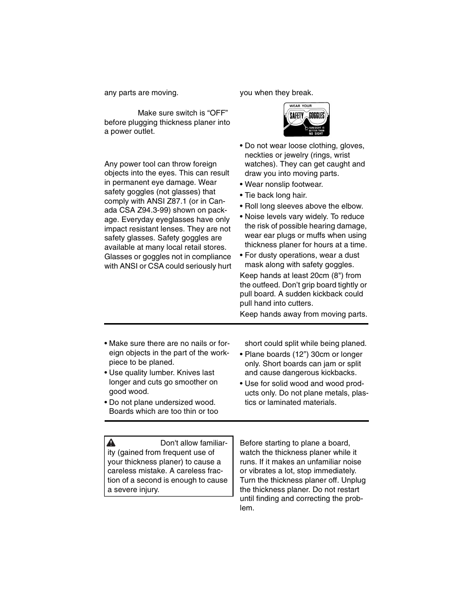 Inspect your workpiece, Whenever thickness planer is running | RIDGID TP1300 User Manual | Page 19 / 36