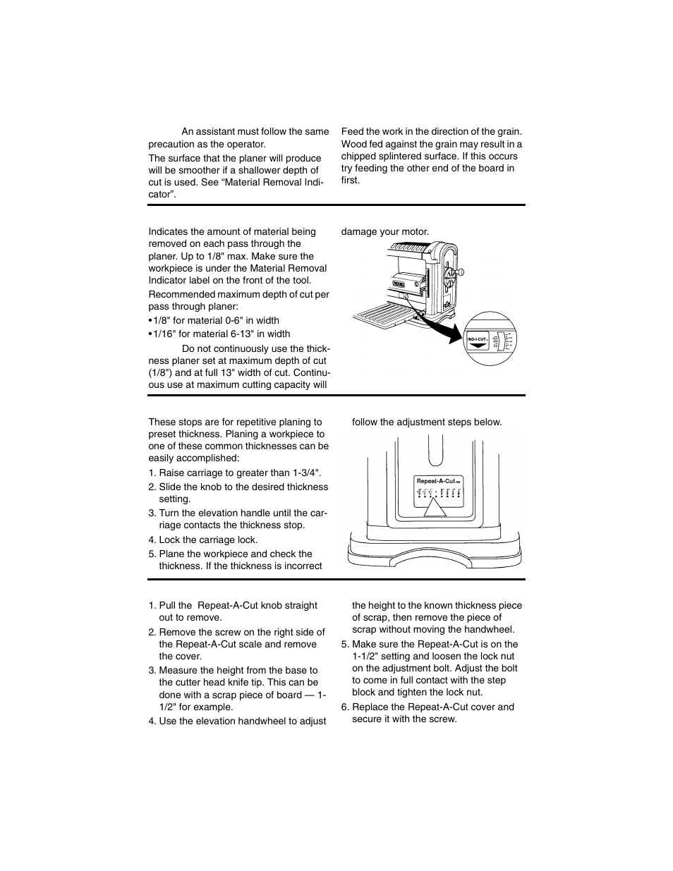 Material removal indicator, Preset thickness stops (repeat-a-cut), Thickness stop (repeat-a-cut) adjustment | RIDGID TP1300 User Manual | Page 23 / 36