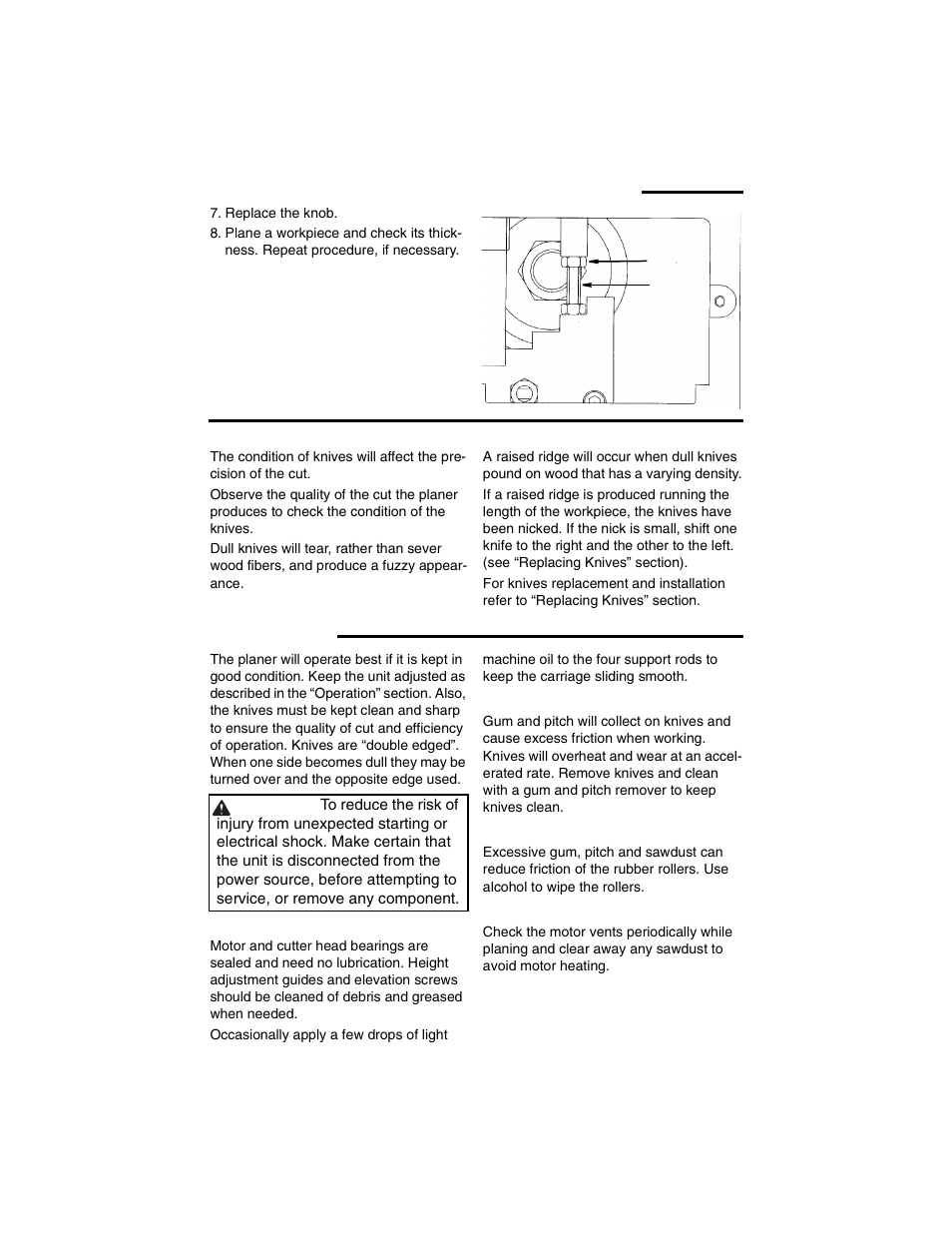 Basic thickness planer operations (continued), Checking for worn knives, Maintenance | Lubrication, Cleaning the knives, Cleaning the feed rollers, Motor ventilation | RIDGID TP1300 User Manual | Page 24 / 36