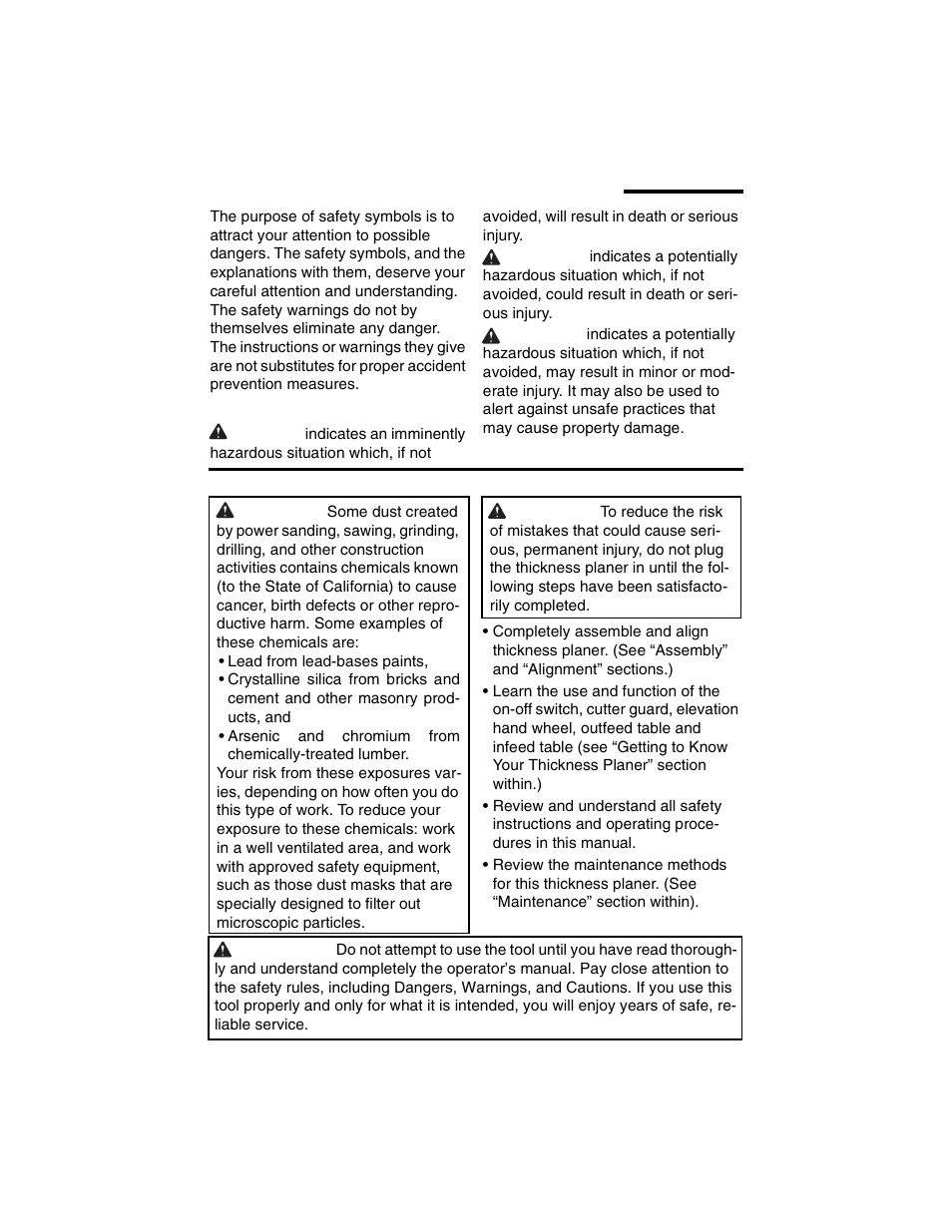 Safety instructions for thickness planer, Safety symbols, Before using the thickness planer | RIDGID TP1300 User Manual | Page 3 / 36