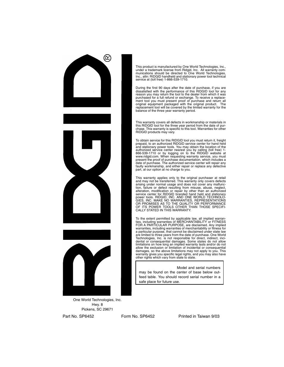 RIDGID TP1300 User Manual | Page 36 / 36