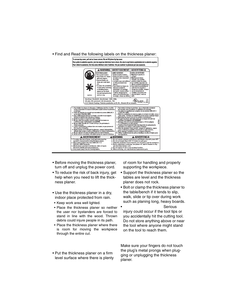 When installing or moving the thickness planer | RIDGID TP1300 User Manual | Page 4 / 36