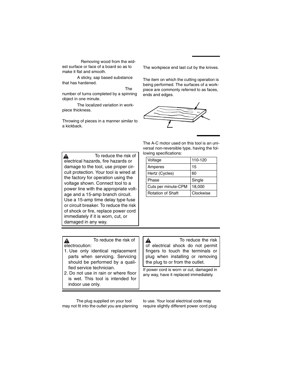 Glossary of terms for woodworking (continued), Motor specifications and electrical requirements, Power supply and motor specifications | General electrical connections, 120 volt, 60 hz. tool information | RIDGID TP1300 User Manual | Page 8 / 36