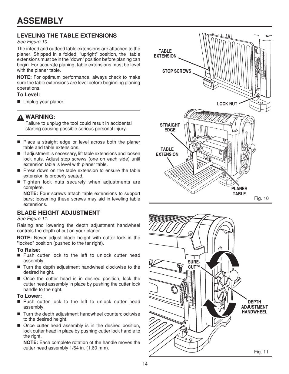 Assembly, Leveling the table extensions, Warning | Blade height adjustment, Fig. 11, Unplug your planer | RIDGID TP1300LS User Manual | Page 14 / 24