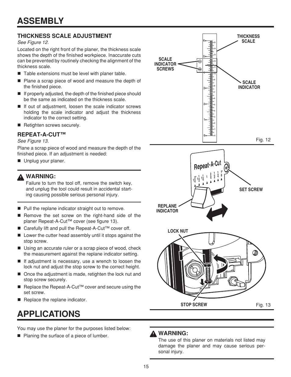 Assembly applications, Repeat cut a, Thickness scale adjustment | Repeat-a-cut, Warning | RIDGID TP1300LS User Manual | Page 15 / 24