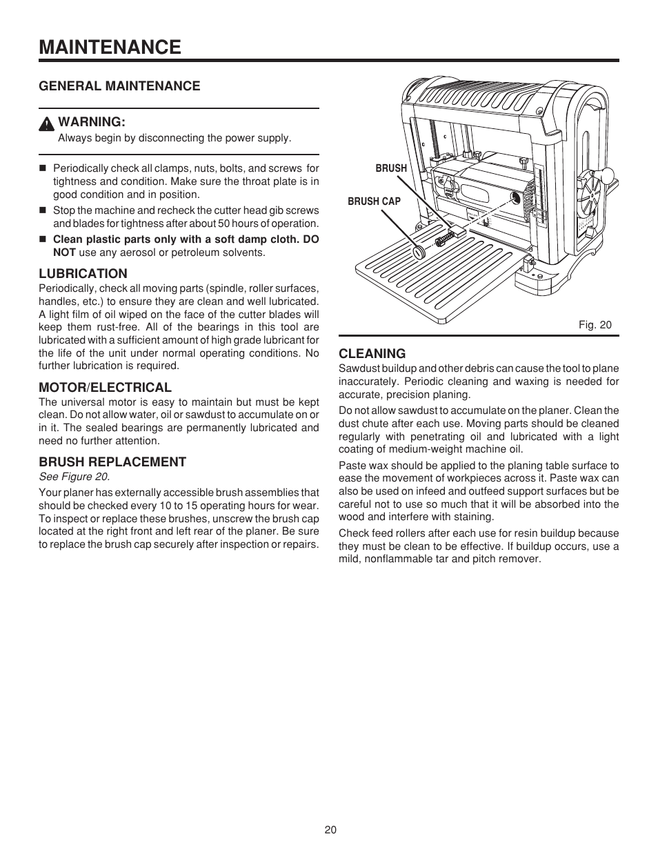 Maintenance, General maintenance warning, Lubrication | Motor/electrical, Brush replacement, Cleaning, Fig. 20 brush cap brush 20 | RIDGID TP1300LS User Manual | Page 20 / 24