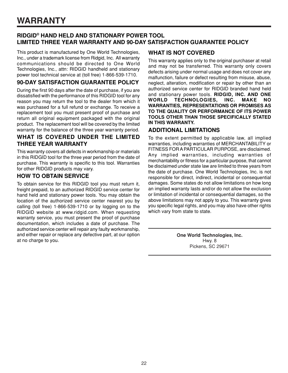 Warranty | RIDGID TP1300LS User Manual | Page 22 / 24