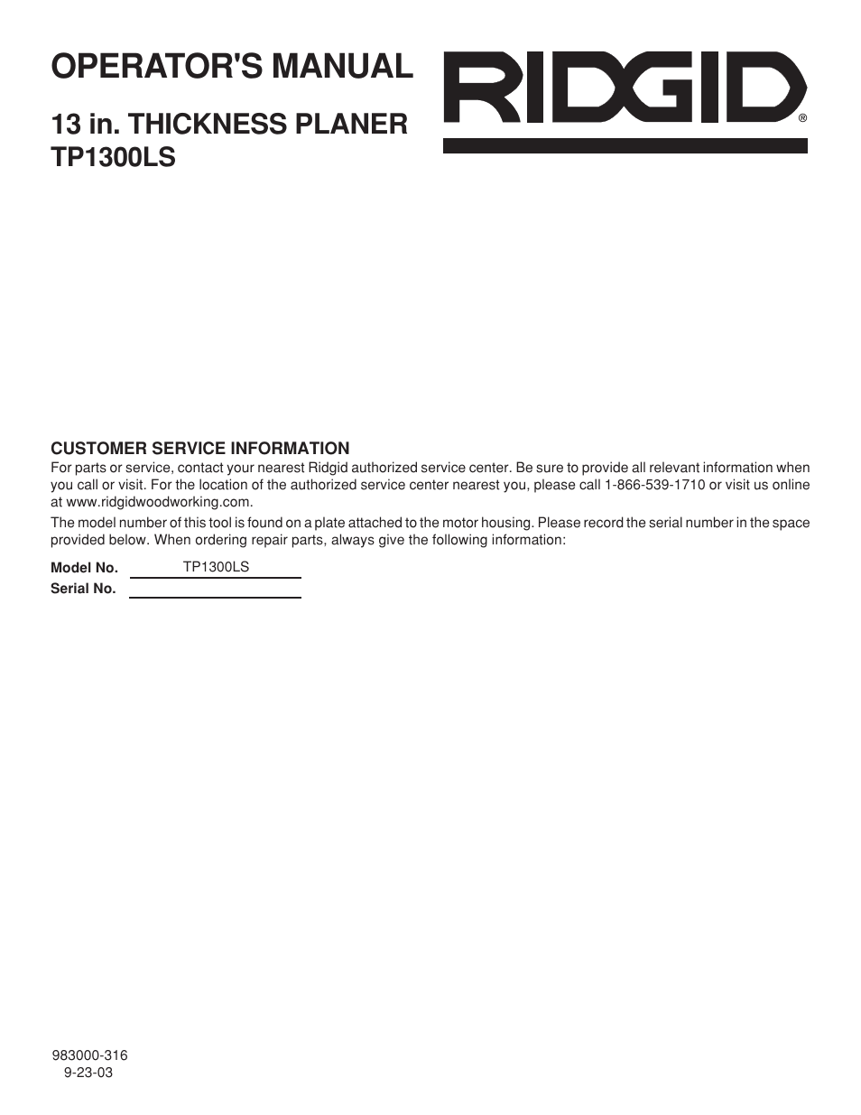 Operator's manual, 13 in. thickness planer, Tp1300ls | RIDGID TP1300LS User Manual | Page 24 / 24