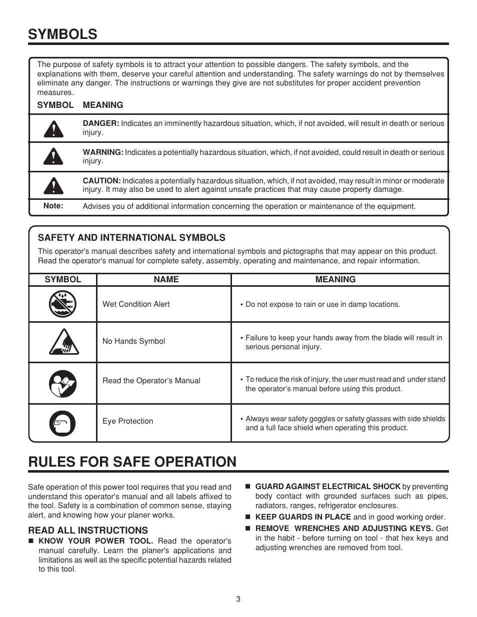Symbols, Rules for safe operation | RIDGID TP1300LS User Manual | Page 3 / 24