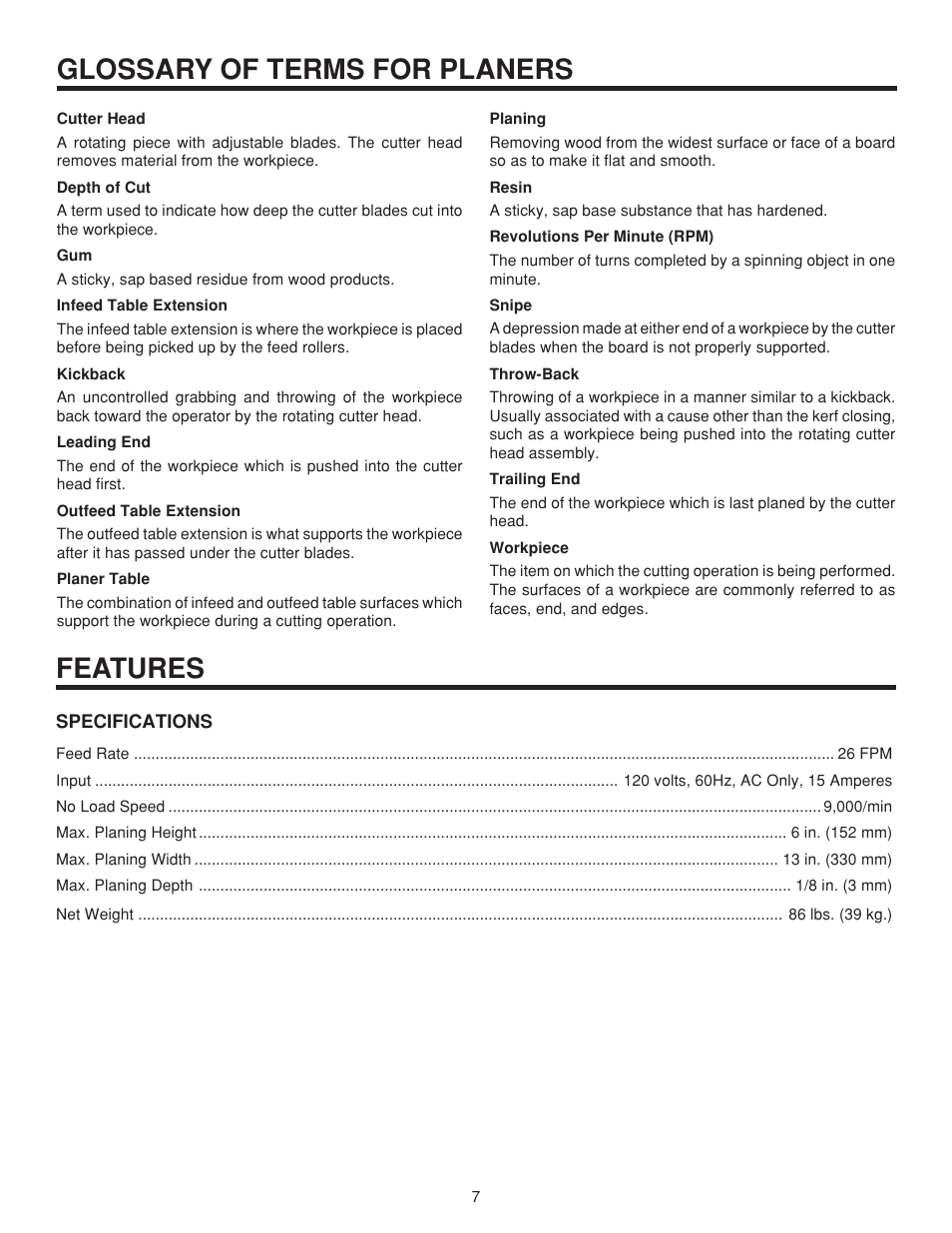 Glossary of terms for planers, Features | RIDGID TP1300LS User Manual | Page 7 / 24