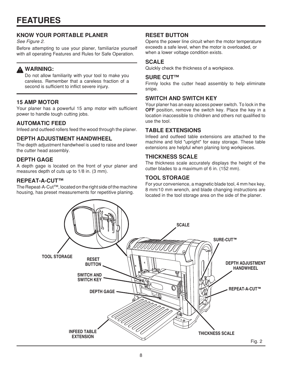 Features, Know your portable planer, Warning | 15 amp motor, Automatic feed, Depth adjustment handwheel, Depth gage, Repeat-a-cut, Reset button, Scale | RIDGID TP1300LS User Manual | Page 8 / 24