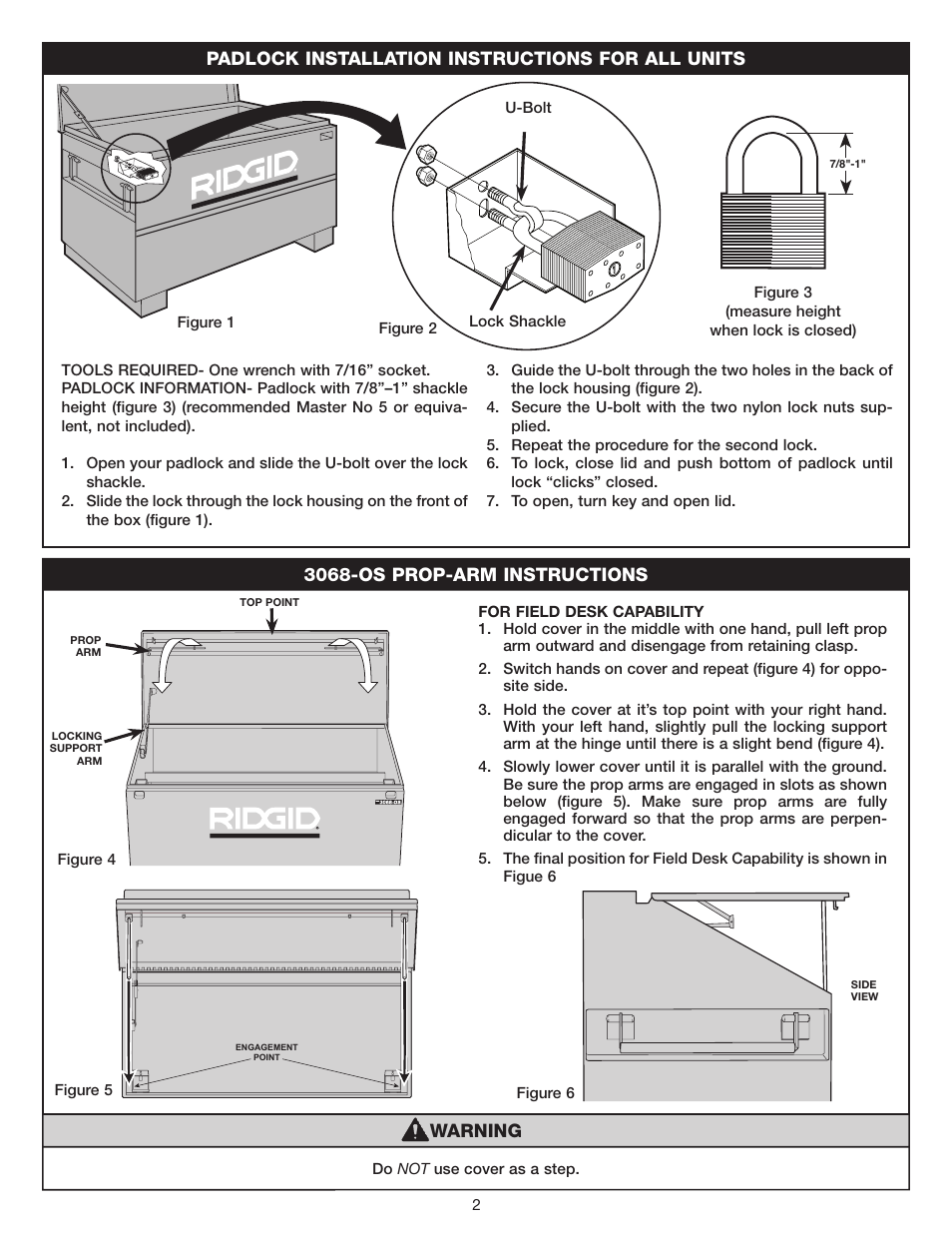 Padlock installation instructions for all units, 3068-os prop-arm instructions, Warning | RIDGID 2032-OS User Manual | Page 2 / 4