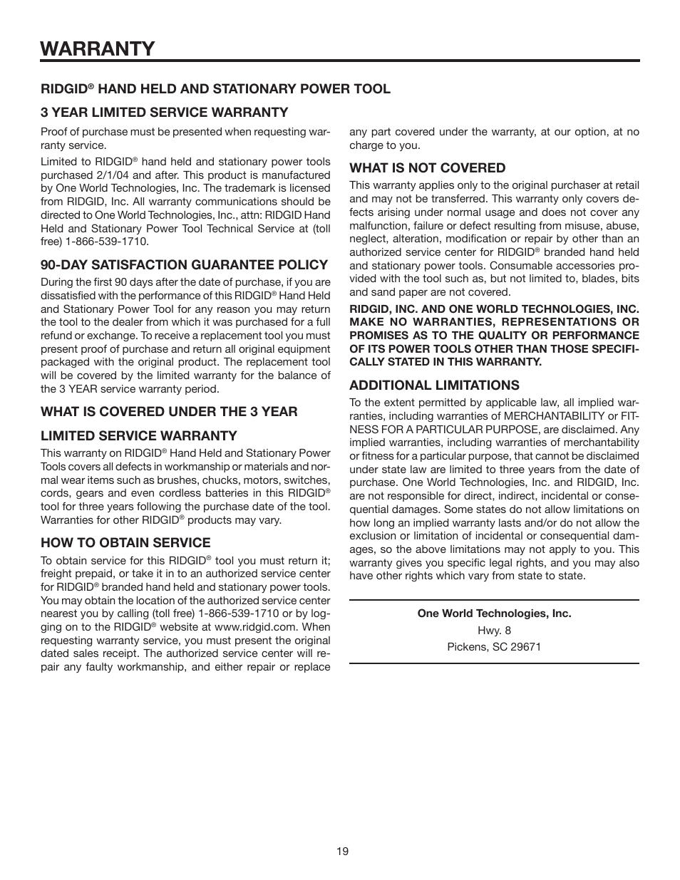 Warranty, Day satisfaction guarantee policy, How to obtain service | Ridgid, What is not covered, Additional limitations | RIDGID R84040 User Manual | Page 19 / 20