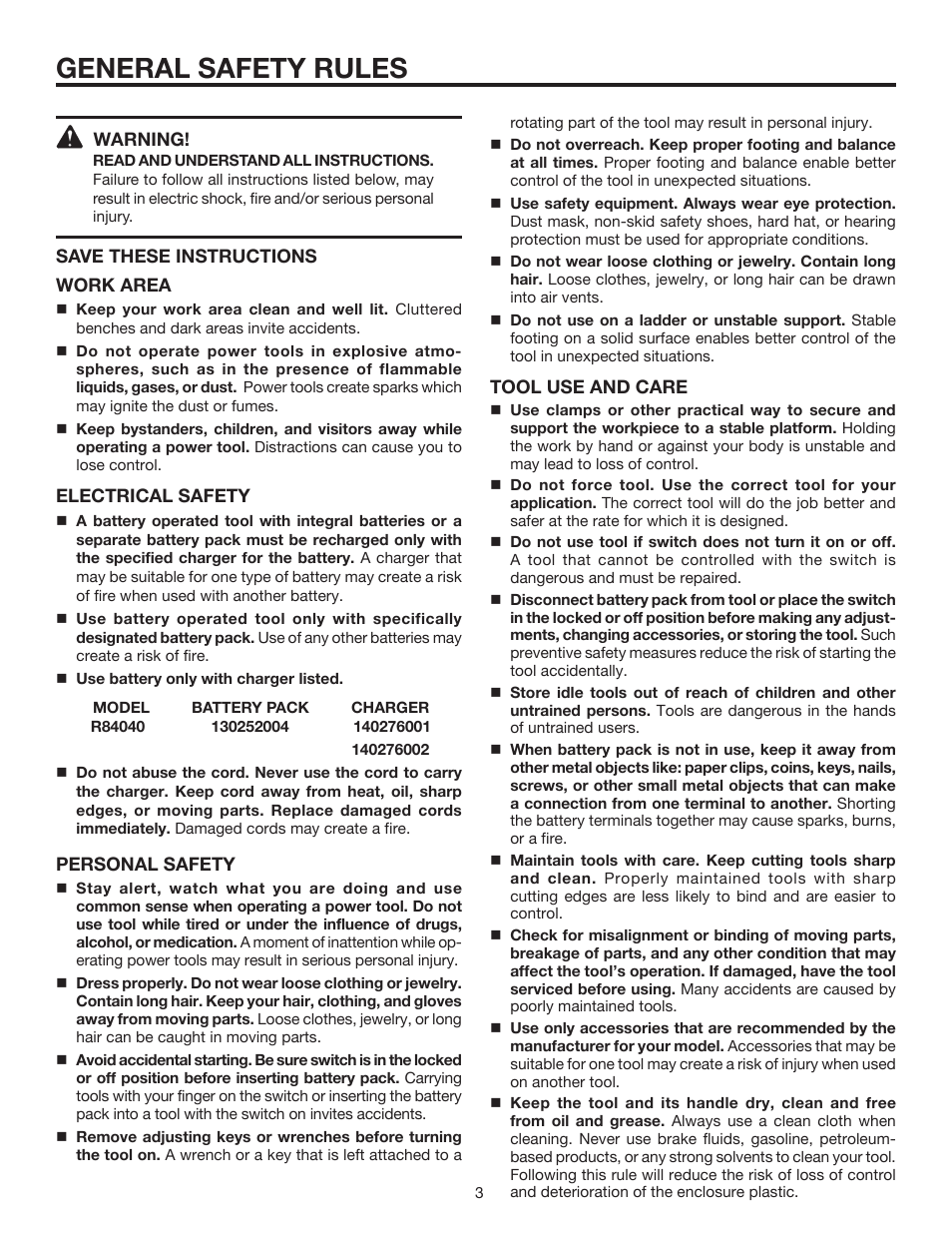 General safety rules | RIDGID R84040 User Manual | Page 3 / 20