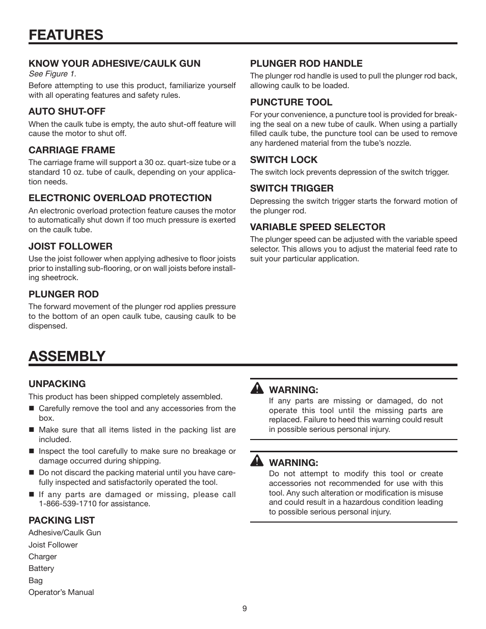 Features, Assembly | RIDGID R84040 User Manual | Page 9 / 20