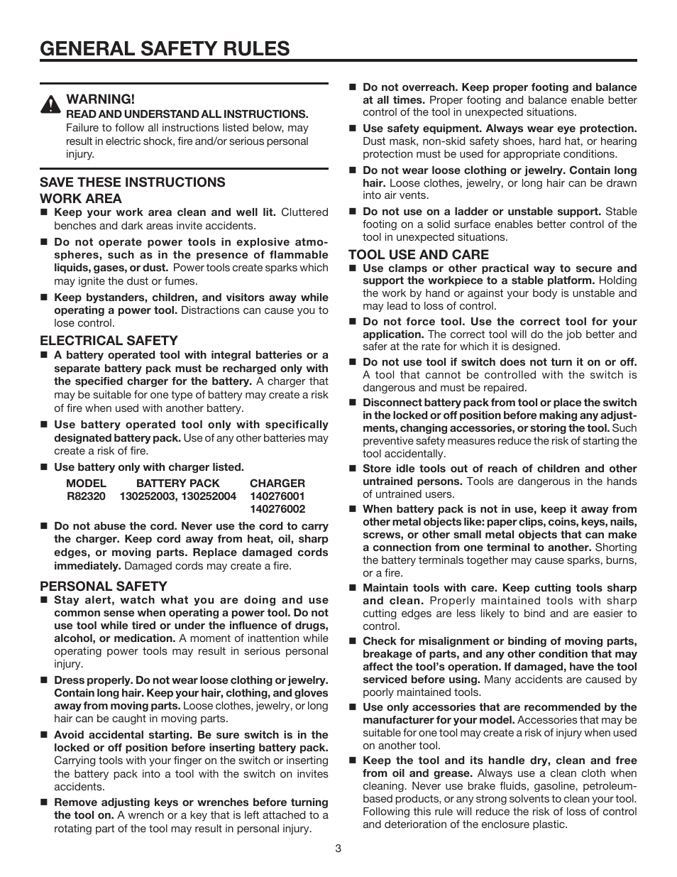 General safety rules | RIDGID R82320 User Manual | Page 3 / 16