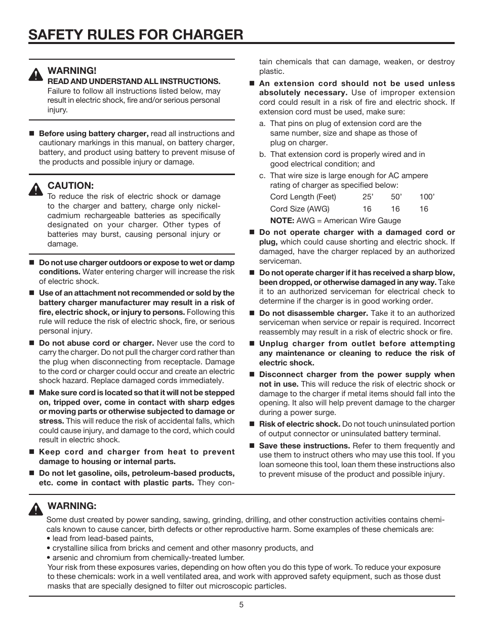 Safety rules for charger | RIDGID R82320 User Manual | Page 5 / 16