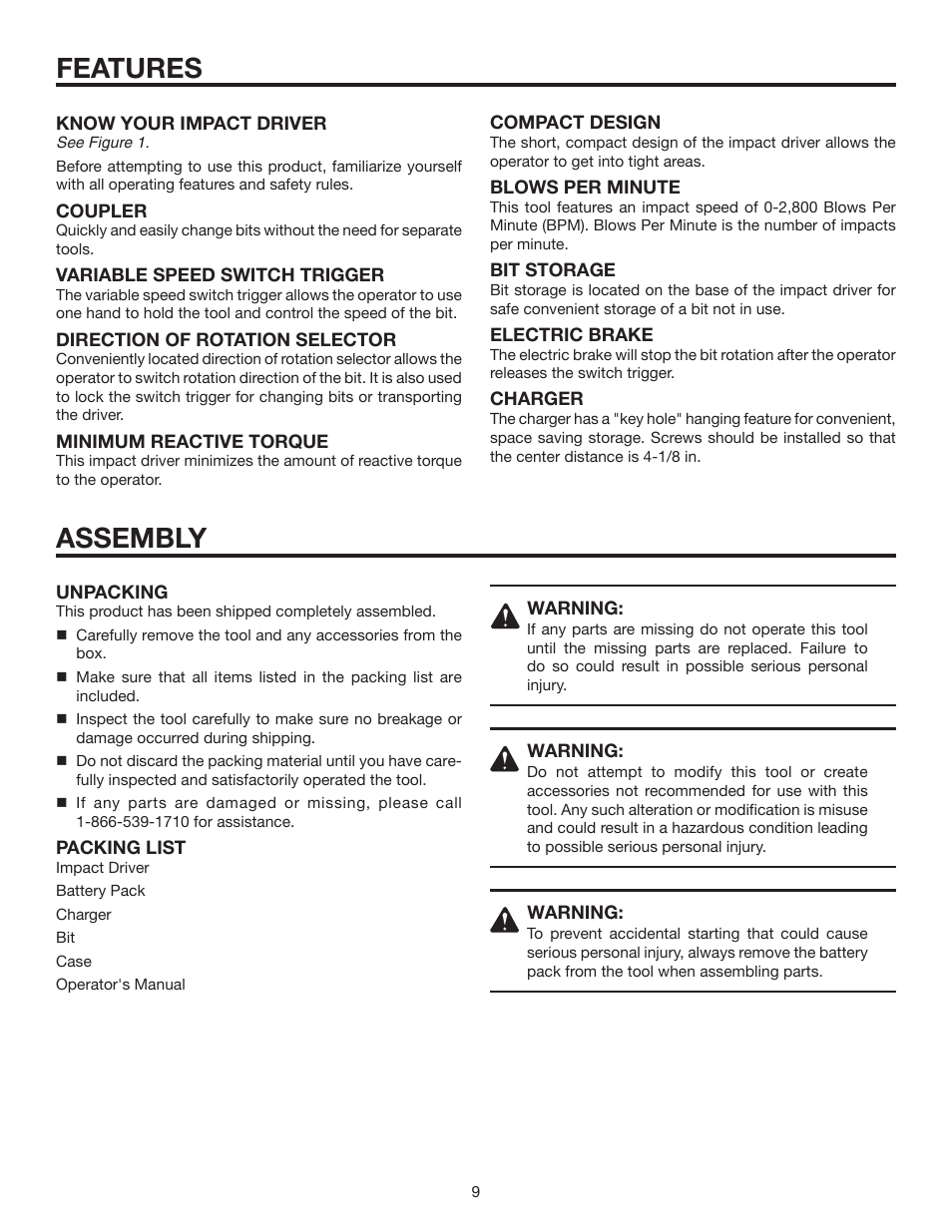 Features, Assembly | RIDGID R82320 User Manual | Page 9 / 16