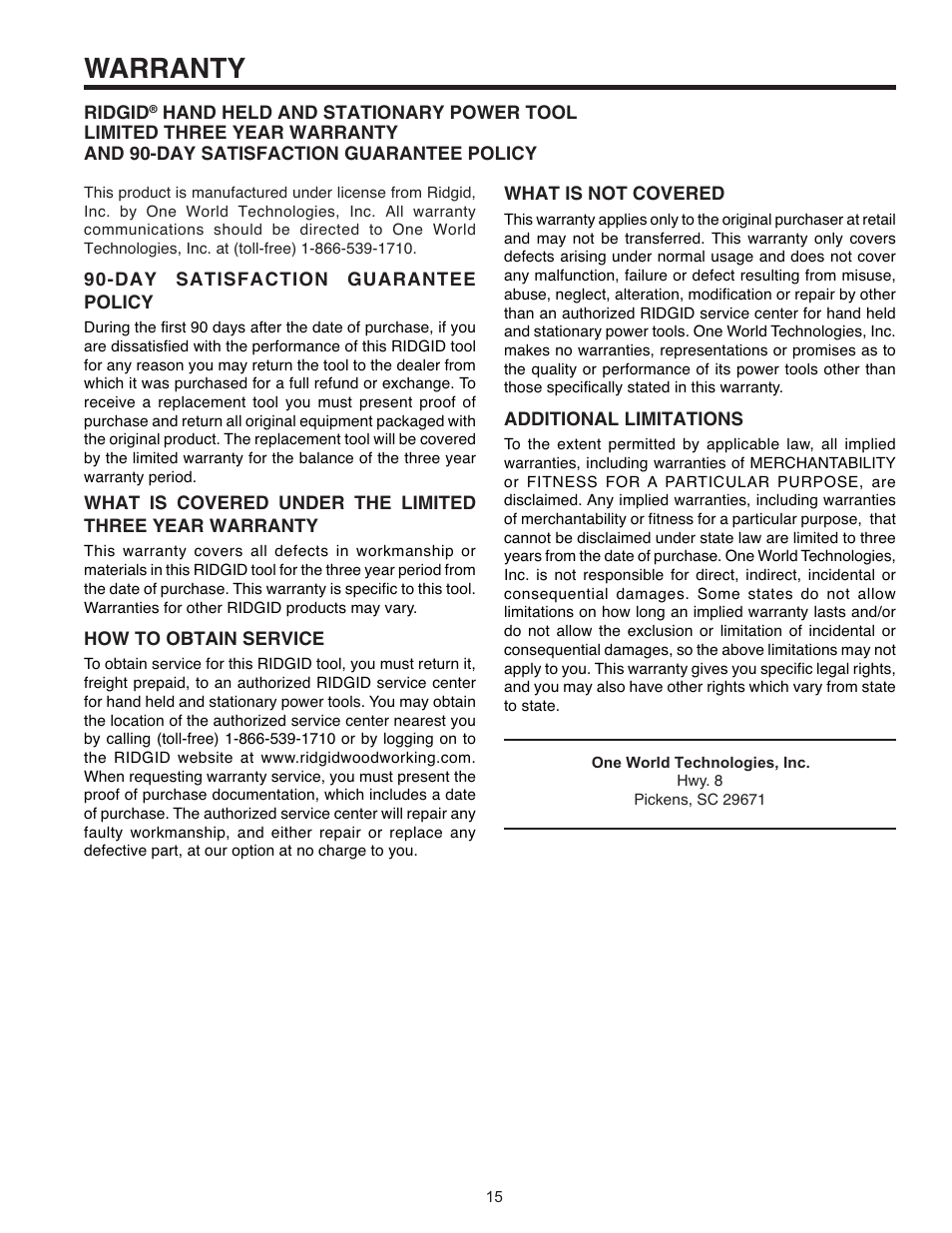 Warranty | RIDGID R2610 User Manual | Page 15 / 16