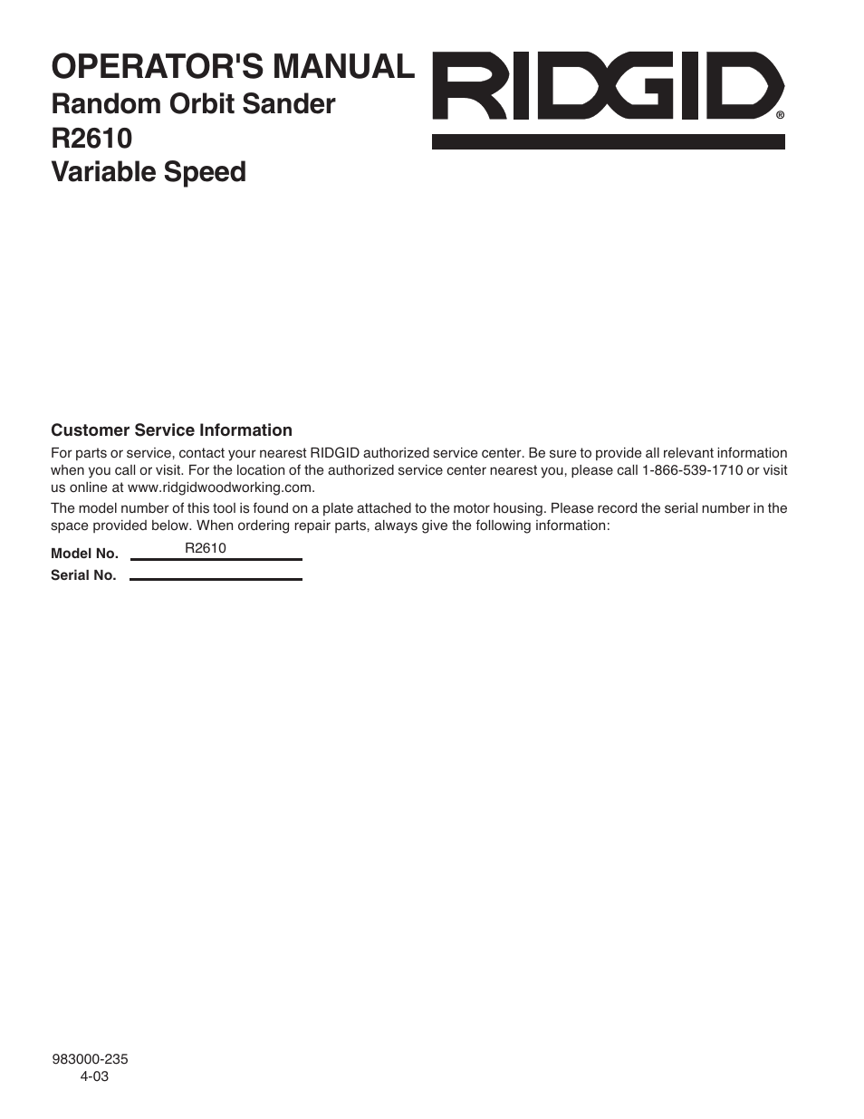 Operator's manual, Random orbit sander r2610 variable speed | RIDGID R2610 User Manual | Page 16 / 16