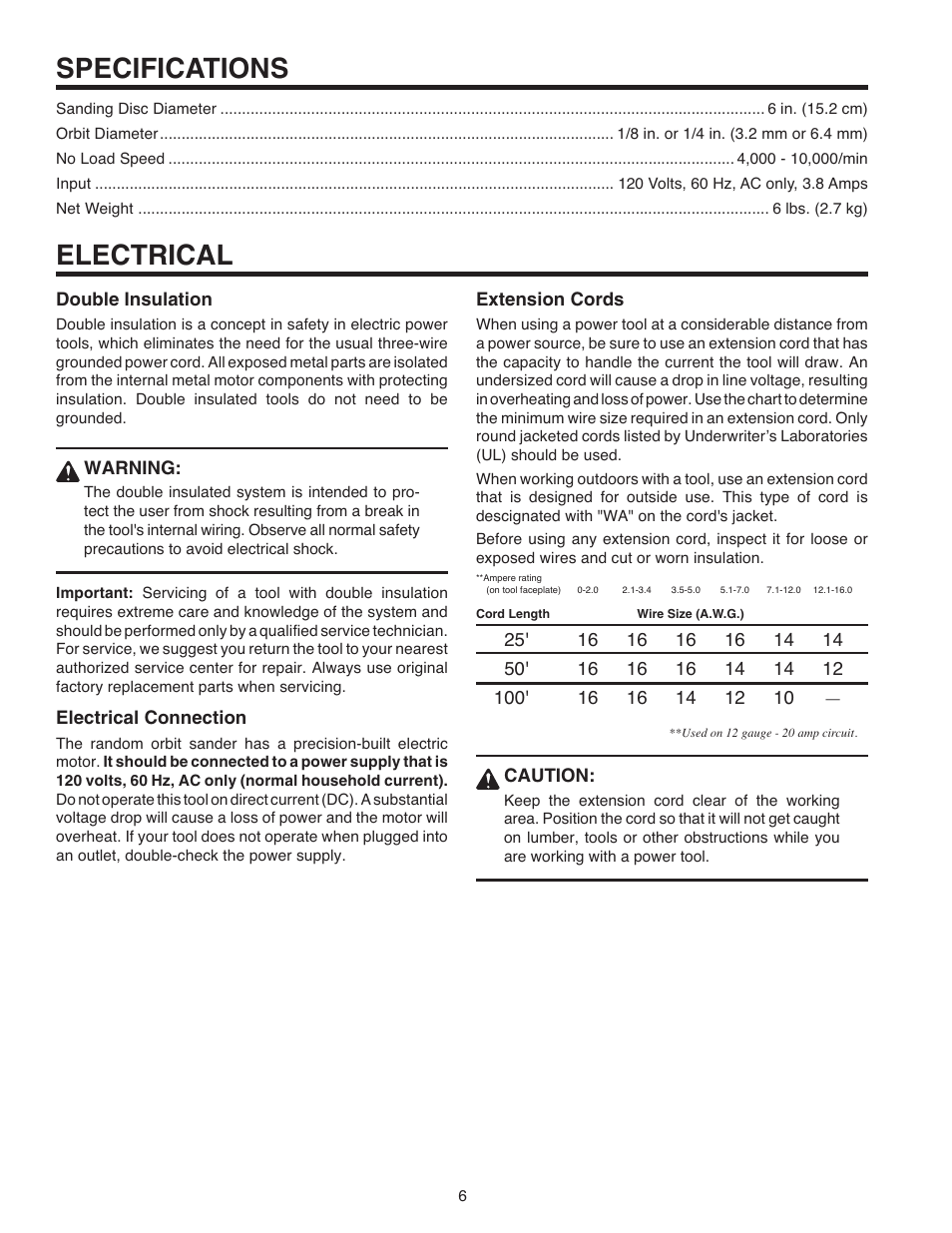 Specifications, Electrical | RIDGID R2610 User Manual | Page 6 / 16