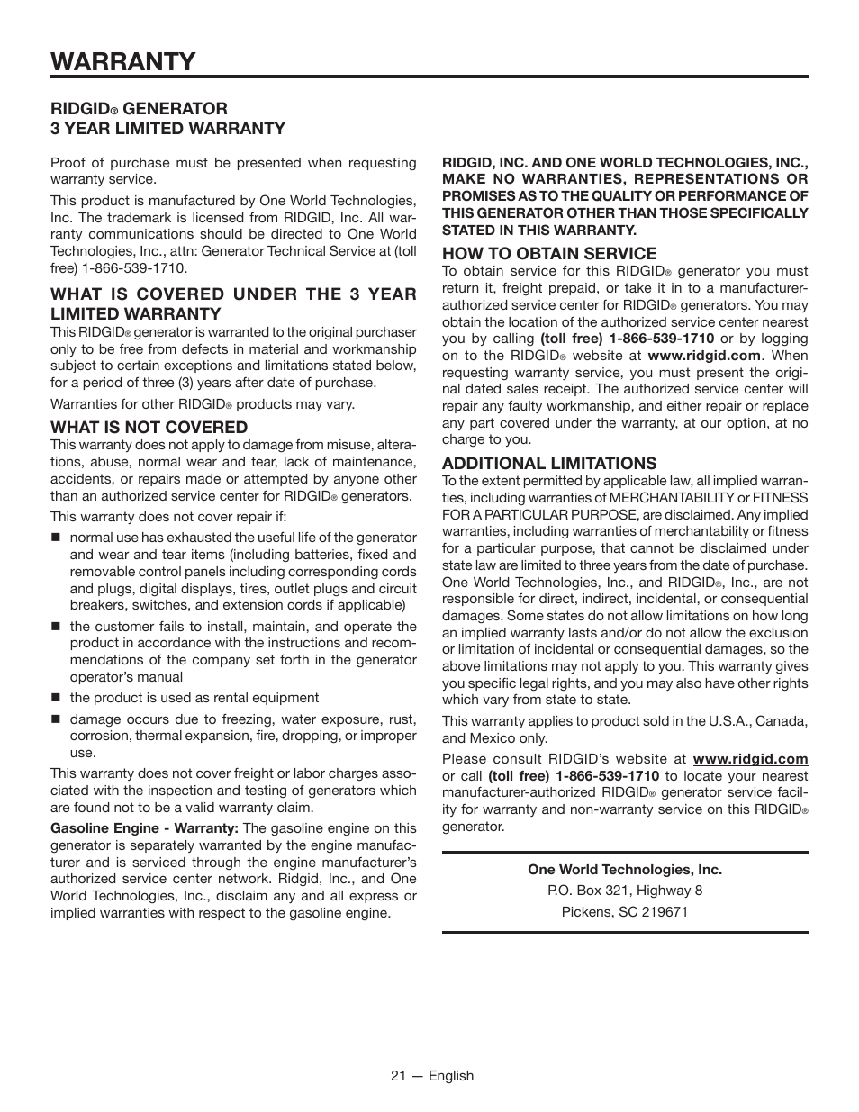 Warranty | RIDGID RD8000 User Manual | Page 21 / 74