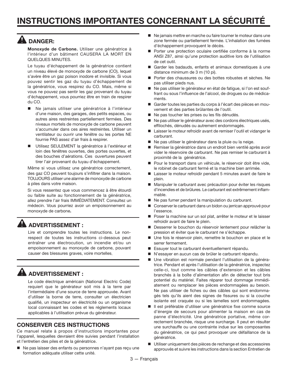Instructions importantes concernant la sécurité, Danger, Advertissement | Conserver ces instructions | RIDGID RD8000 User Manual | Page 25 / 74