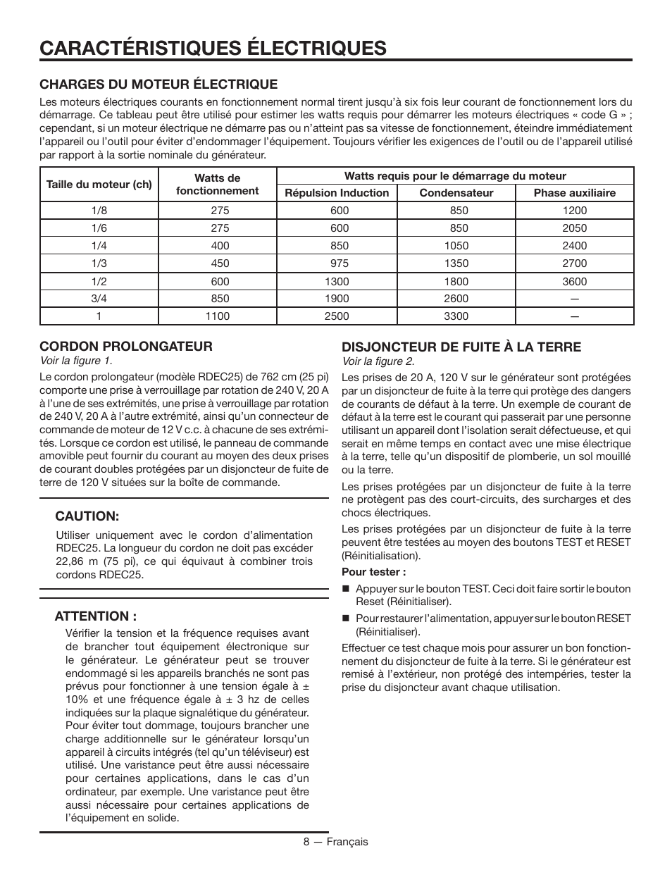 Caractéristiques électriques | RIDGID RD8000 User Manual | Page 30 / 74