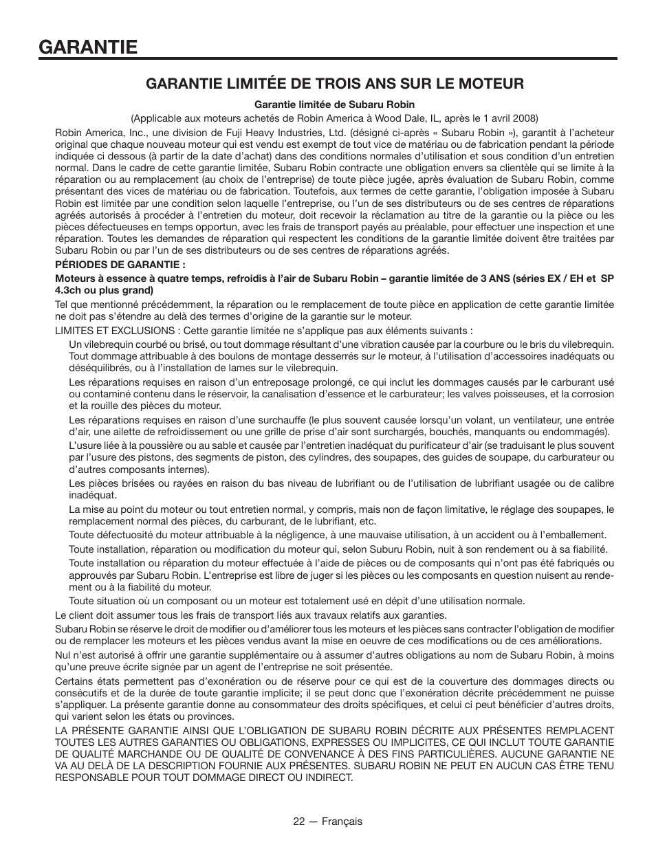 Garantie, Garantie limitée de trois ans sur le moteur | RIDGID RD8000 User Manual | Page 44 / 74