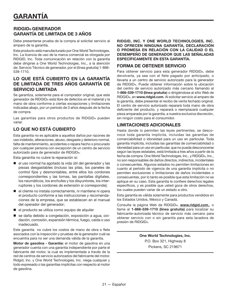 Garantía, Lo que no está cubierto, Ridgid | Generador garantía de limitada de 3 años, Forma de obtener servicio, Limitaciones adicionales | RIDGID RD8000 User Manual | Page 65 / 74