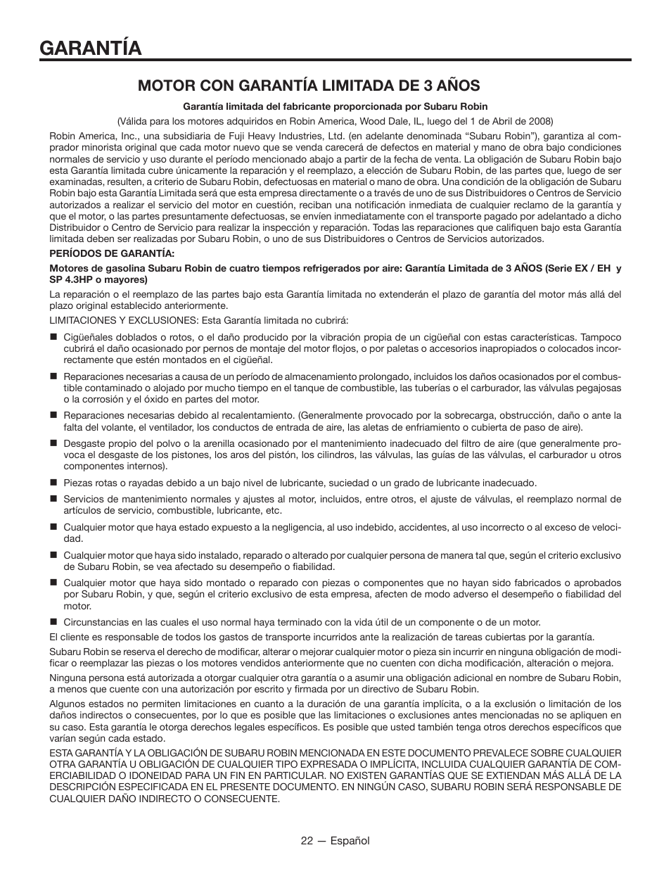 Garantía, Motor con garantía limitada de 3 años | RIDGID RD8000 User Manual | Page 66 / 74