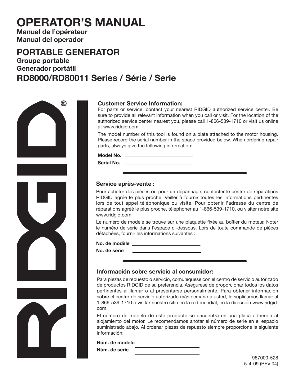 Operator’s manual, Portable generator | RIDGID RD8000 User Manual | Page 68 / 74