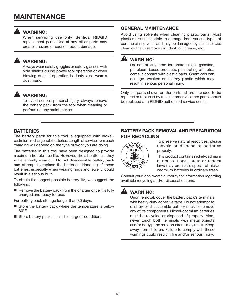 Maintenance | RIDGID R8411503 User Manual | Page 18 / 22
