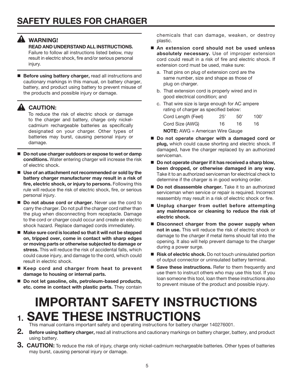 Important safety instructions, Save these instructions, Safety rules for charger | RIDGID R8411503 User Manual | Page 5 / 22