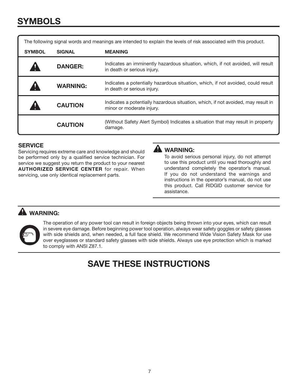 Symbols, Save these instructions | RIDGID R8411503 User Manual | Page 7 / 22