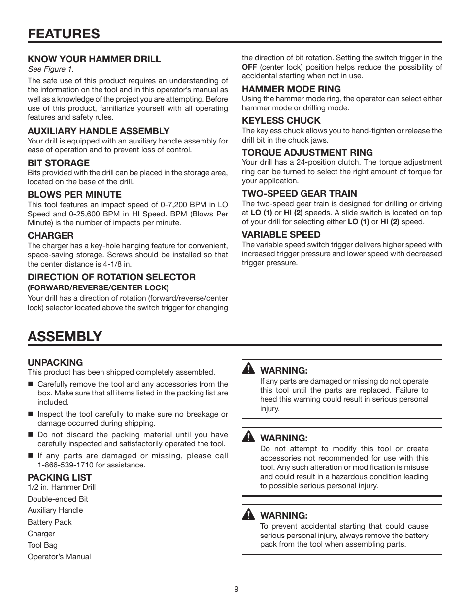Features, Assembly | RIDGID R8411503 User Manual | Page 9 / 22