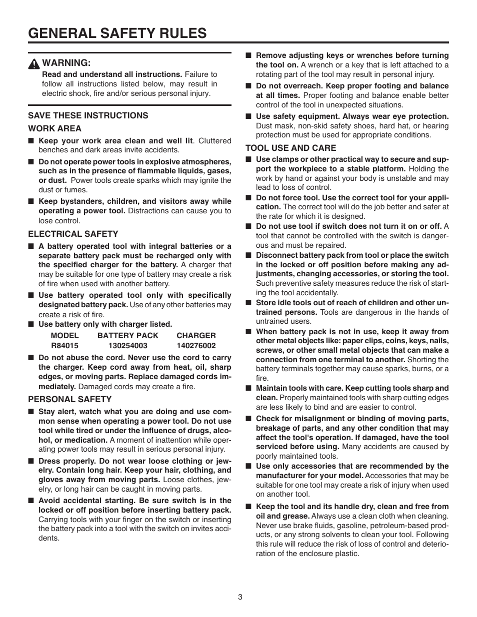 General safety rules | RIDGID R84015 User Manual | Page 3 / 20